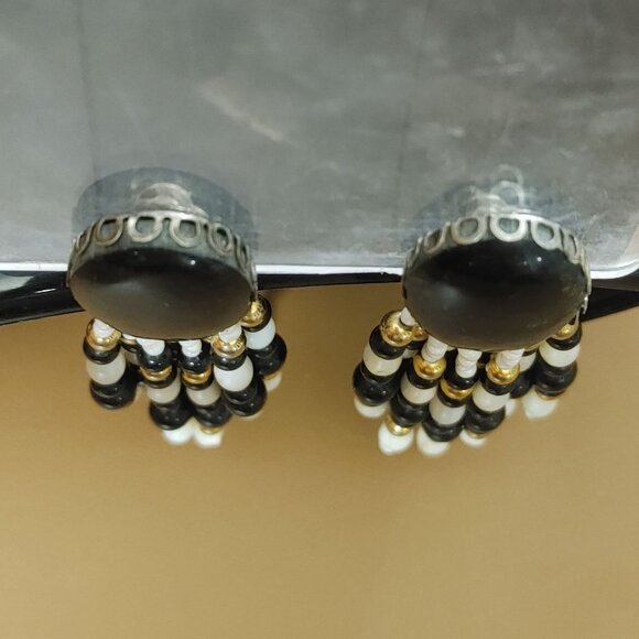Vtg Clip On Earrings Southwestern Chandelier Stone Black MOP White Bead Dangle - Picture 2 of 11